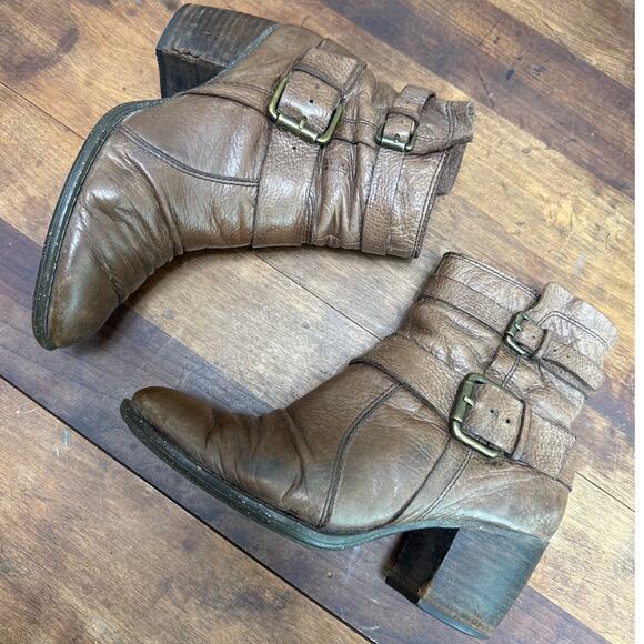 Naya Virtue Brown Leather Ankle Boots Women's Size 6 1/2 Buckle Zip Western Boho - Picture 2 of 14